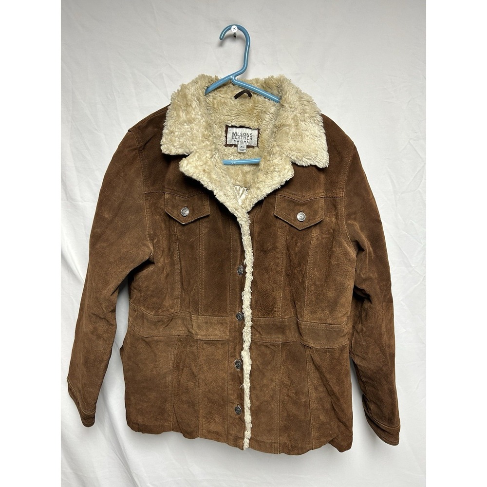 Vintage Wilsons Leather Maxima Suede Faux Fur Trim Jacket in Brown Size XL